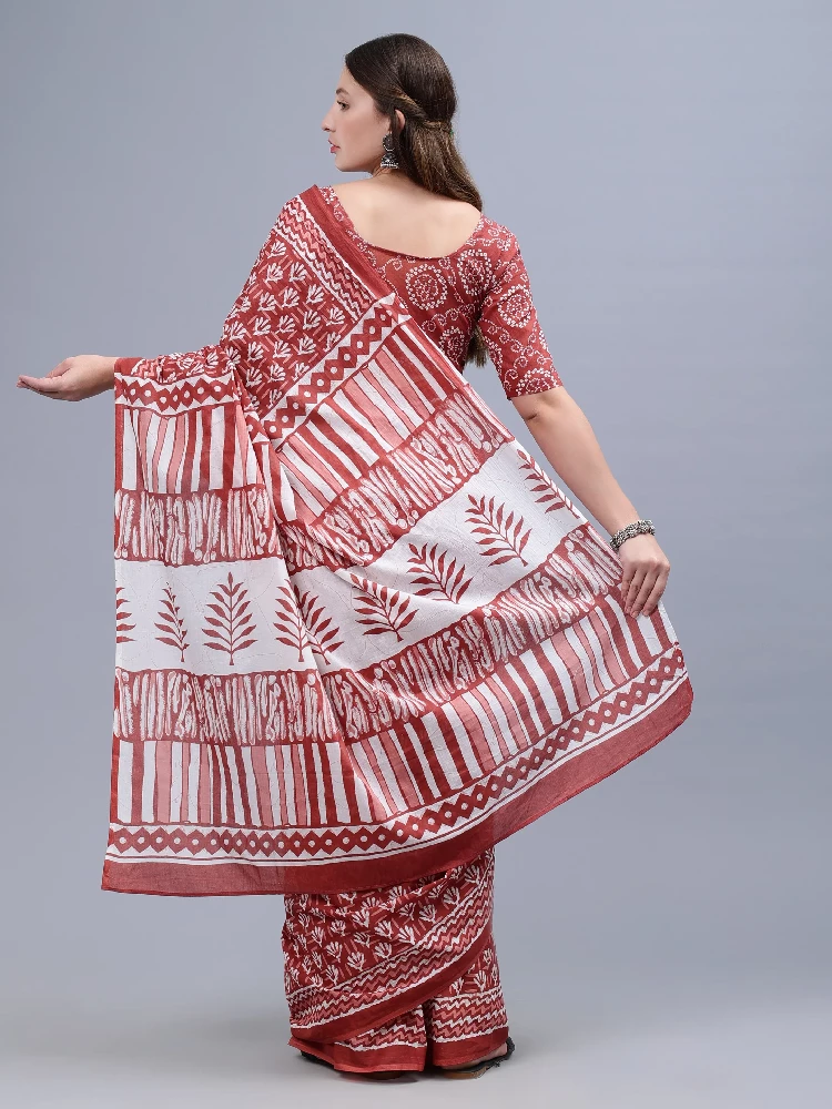 Maroon White Printed Malmal Cotton Saree-5.webp